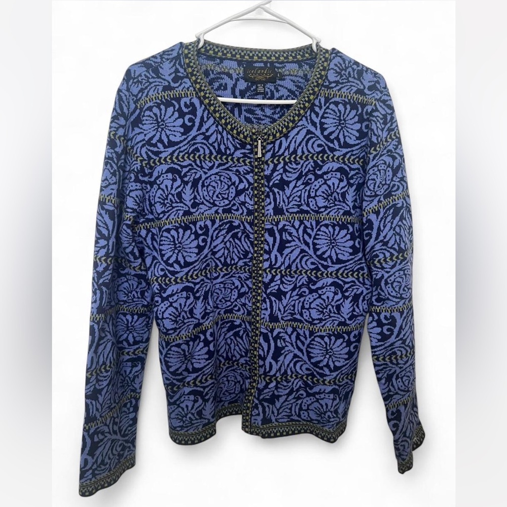EUC Icelandic Design Nordic Fair Isle Floral Knit Zip Up Cardigan Sweater Size L